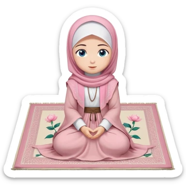 Turkish beautiful finish Konya muslim girl blue eyes with powder pink color flower hijab long tail dress and sits on the pray mat namaz on the ground with dua  sticker