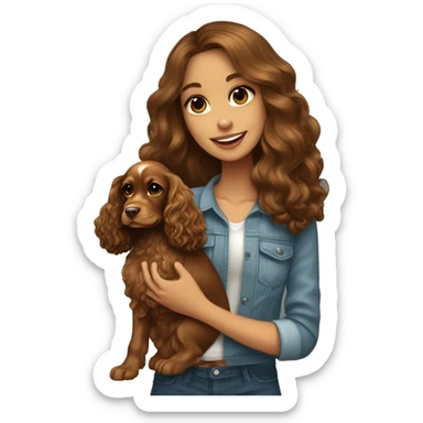 Beautiful stylish girl with brown long hair holding in her arms gold puppy English Cocker Spaniel sticker