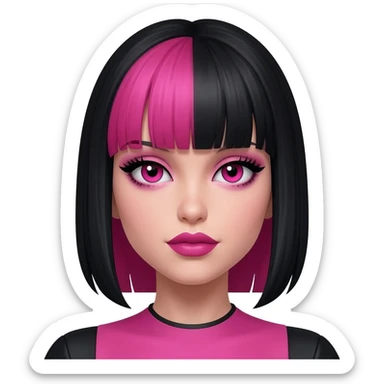 Girl with black and pink hair with pink tints on her bangs and hair tall lashes that are pink and black and have pink light tints to them and the clothes are a pink and black dress and pink and black lime lips and eyes black and pink heterochromia and British eyebrows sticker