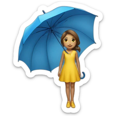a girl in a yellow dress with a blue umbrella sticker