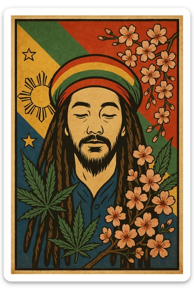 Vintage poster of an Asian Rasta with long dreadlocks, peaceful eyes, and a red-gold-green tam. Surrounded by cherry blossoms and ganja leaves. Background blends Rasta colors into an Asian flag (e.g., red sun from Japan or Chinese star). Retro reggae fusion vibe, with bold lines and aged paper texture. Philippines 
 sticker