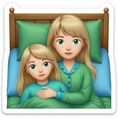 Woman with long dark blond hair and bang woth blue eyes alone in bed  with green pyjama sticker