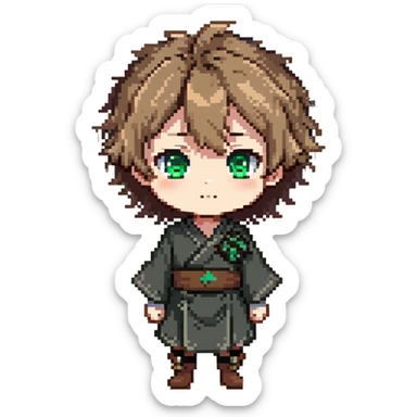 Young Rudeus Greyrat chibi, big green eyes, round face, messy light brown hair, wearing a tunic, cute and curious anime style sticker