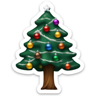 A Christmas tree thwtd dark green with different colored ornaments and snow on the branches with a brown tree trunk  sticker