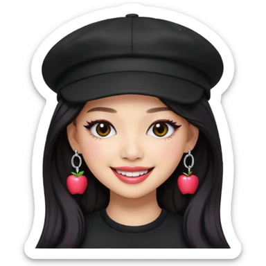 Jennie from Blackpink as an apple style emoji, wearing a stylish hat, bold makeup sticker