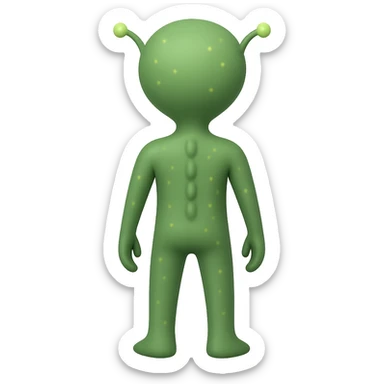 Add more details to this rear view alien in emoji style: visible antennae, subtle back ridges, small glowing spots, and a hint of feet, no background. sticker