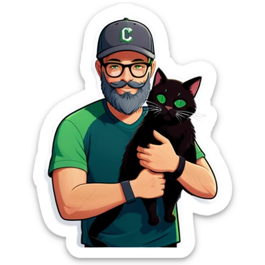 A bold man with a grey baseball cap, green eyes, big beard and glasses hugging a black cat sticker