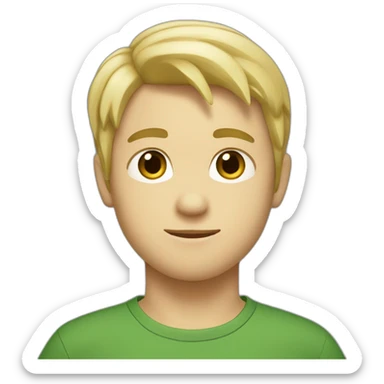 a white boy, wearing a green shirt with side swept blonde hair, with a lizard on his shoulder sticker