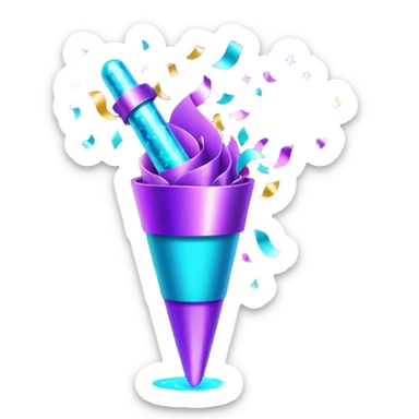 Futuristic glowing confetti popper emoji, holographic purple and cyan colors, emitting confetti and sparkles, dark background, vibrant celebration atmosphere, no face. sticker