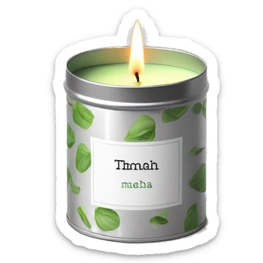 matcha scented candle in a silver tin with a small white label realistic sticker