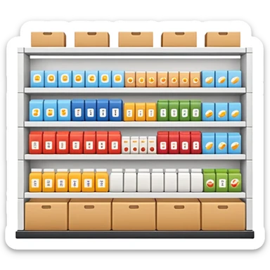 "Minimalist Japanese retail shelf display, products arranged in identical horizontal rows, with multiple units of each item placed directly behind one another, vertically varied by type, clean spacing, precise symmetry, soft neutral lighting, front-facing packages, ultra-detailed." sticker