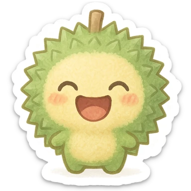 chibi-style round durian character with green spiky shell and yellow flesh, soft fluffy texture, laughing with eyes closed and mouth wide open, soft pastel style, full-body sticker
