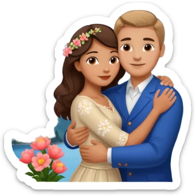Hugging Couple traveling in Montenegro russian man and elegant  Latina girl delicate flowers and mountains in the background  sticker