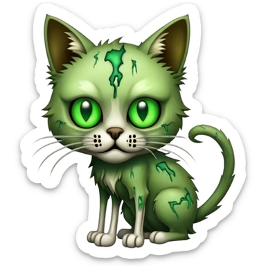 zombie cat with decaying fur, glowing eyes, and exposed bones sticker