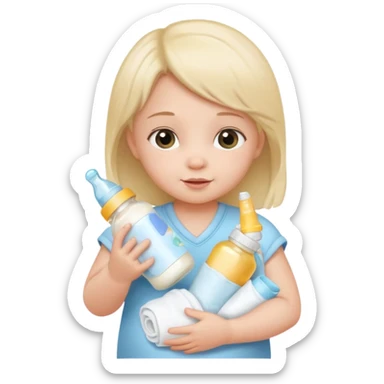 CUTE BABY GIRL WITH BOTTLE AND STACK OF DIAPERS sticker