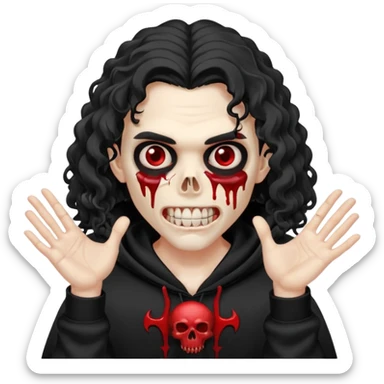 Vampire wearing a black hoodie with a skull logo on it, long curly hair that covers the forehead, fanged teeth and blood on hands sticker