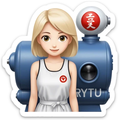 Beautiful girl smilling with big eyes and "ryu" written on toptank dress sticker