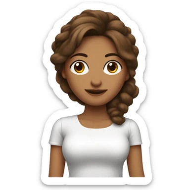 Mujer cabello marron liso a la altura de los hombros, blusa blanca con piel morena, laptop y teléfono en mano  sticker