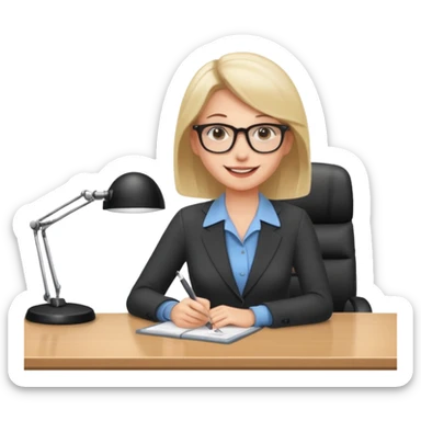 one white woman employee sitting in front of the desk sticker