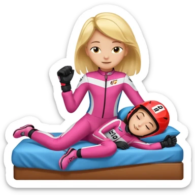 ten-year-old girl in a racing suit, racing shoes and racing gloves with no helmet, unzipped, sleeping on a bed happily, flat-chested and prepubescent sticker