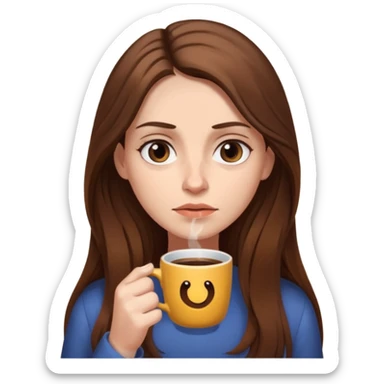 create a woman long hair brown, holding her cup of coffee looking exausted  sticker