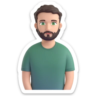 man with dark messy short hair, dark green eyes, gray T-shirt, and short beard sticker