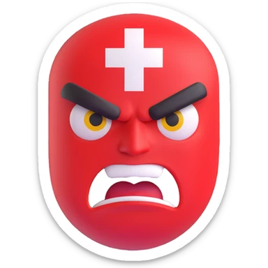 an angry Swiss flag with animated angry face features, 3D emoji style sticker