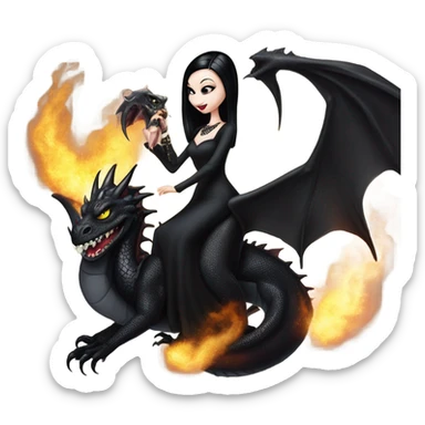 Victorian evening dressed, real Teen Morticia Addams Jedi wearing a mini tiara, riding on the back of a very large black shiny evil-looking fire-spewing horned dragon sticker