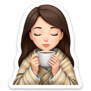 Brunette girl wrapped in cozy blanket sipping hot coffee with eyes closed sticker