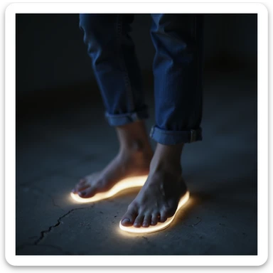 realistic 4K woman walking with insole, luminous trail follows first steps then fades, woman appears tired to show temporary benefit sticker