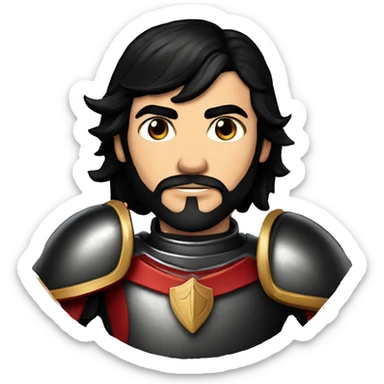 Vintage Tanned man with black hair pointed chin and stern face wearing red and black armour holding sword vintage intricate patterns sticker
