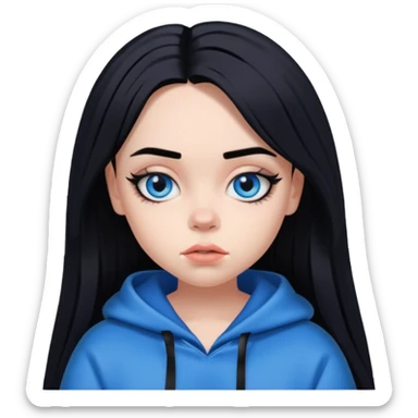 billie eilish as pretty bratz baddie, sharp black eyeliner, black hair, blue eyes sticker