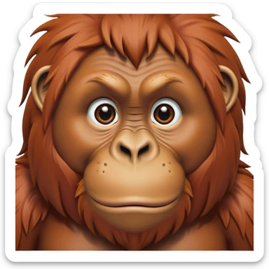 Cinematic Noble Orangutan Portrait Emoji, Poised and regal, with a robust, thoughtful build and deep, soulful eyes framed by rich, textured fur, Simplified yet sharp and sophisticated features, highly detailed, glowing with a soft, earthy glow, high shine, intelligent and contemplative, stylized with an air of ancient wisdom, focused and commanding, soft glowing outline, capturing the essence of a watchful and confident guardian that appears ready to step out of the screen with timeless authority! sticker