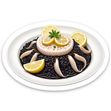 cinematic-realistic-black-risotto-dish,-showcasing-lagre squid pieces-rendered-with-bold-textures-and-dynamic,-dramatic-lighting in a white plate with a single slice of grilled lemon on top sticker
