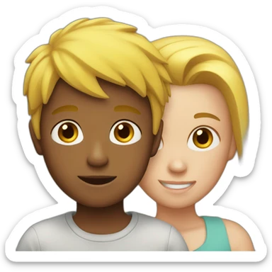 a boy with yellow hair near a boy with brown hair in front of a woman sticker