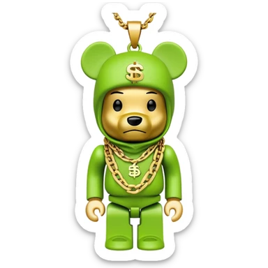 bearbrick with cube head in lime green balaclava tagged with multiple logos in graffiti style, wearing stacked gold chains, gold dollar sign pendant, luxury hip hop look sticker