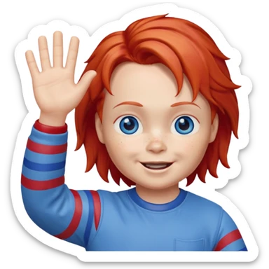 Can you create an emote for me referencing the Chucky character, with a happy and cute expression, that's waving sticker