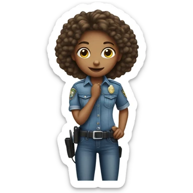 girl in denim by car with police badge on belt sticker