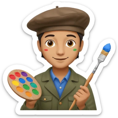 professional painter man wearing a beret holding a paintbrush with a paint palette cheerful expression sticker