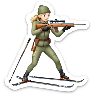 An icon showing a snowy landscape with pine trees, mountains, and a clear sky with a biathlete aiming a rifle in the foreground, wearing winter gear and skis. Transparent background emphasizes the precision, endurance, and beauty of this winter sport. sticker