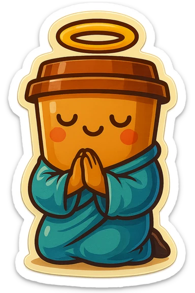 Tall coffee cup, bowing on knees, praying, worship, wearing soft blue monk robes, halo sticker