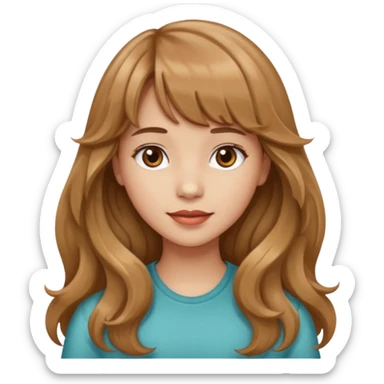 Please generate a portrait of a pretty girl with long, wavy, light brown hair and bangs. sticker