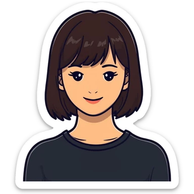 Pretty woman with dark brown bangs, subtle makeup, warm smile sticker