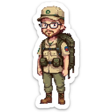adventurer with goatee beard (no beard on cheeks), short hair, glasses, backwards military tan cap and backpack sticker