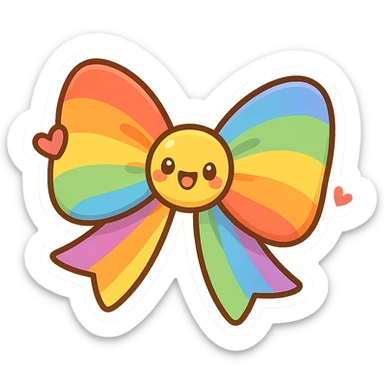 chibi style bow, rainbow colors, playful, cheerful, cartoon style, heart motif sticker