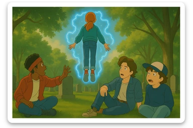 Max from Stranger Things levitating, seen from behind, in front of Lucas, Steve, and Dustin. Lucas is standing up and calling out to Max, Steve is reaching out as well, and Dustin is shocked. Render in Ghibli style with wide aspect ratio (16:9), supernatural glowing effects, dramatic mood. sticker