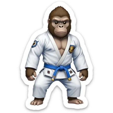 Gorilla in a jiu jitsu gi with a blue belt sticker