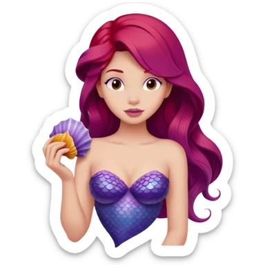Ariel mermaid from waist up, purple seashell top, long red hair, minimal style but clearly recognizable sticker