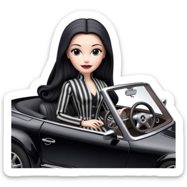 Darth Vader Barbie, 1910 teen Morticia Addams from academy, in dark-gray and black striped outfit. Smiling Driving Mercedes convertible sports car. Pale-white porcelain skin.  sticker