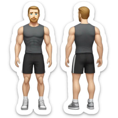 Full height Pale skinned muscular man With Realistic eyes and mouth, light brown hair and stubble In dark gray sleeveless mike, black oversize sports shorts, watch and white sneakers. sticker